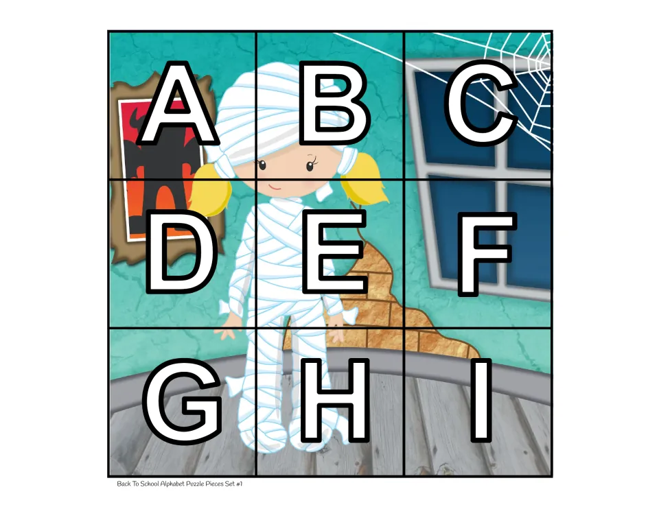 Set 1 cut-apart alphabet puzzle pieces labeled A through I, forming a Halloween picture of a child as a mummy