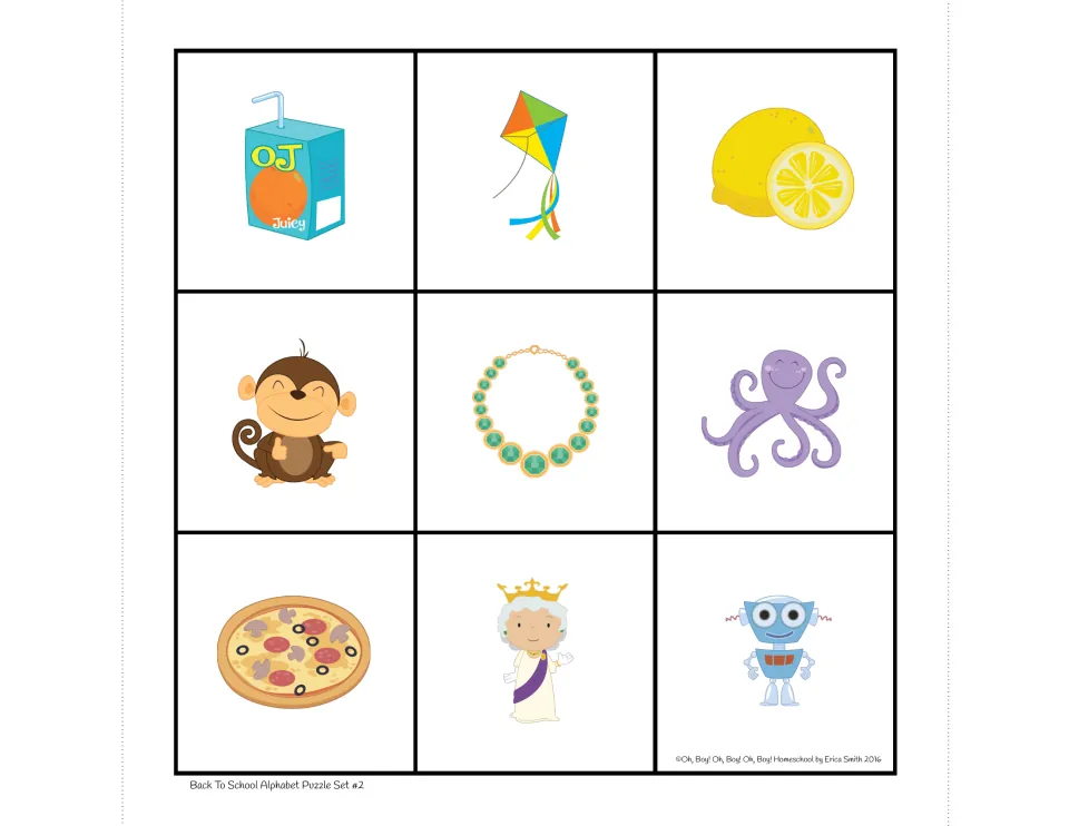 Set 2 beginning-sound puzzle board: juice, kite, lemon, monkey, necklace, octopus, pizza, queen, and robot