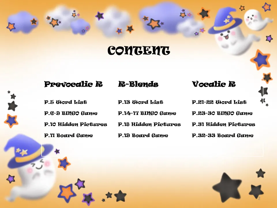 Contents for prevocalic R, R-blends and vocalic R: page numbers for word lists, BINGO games, hidden pictures, board games