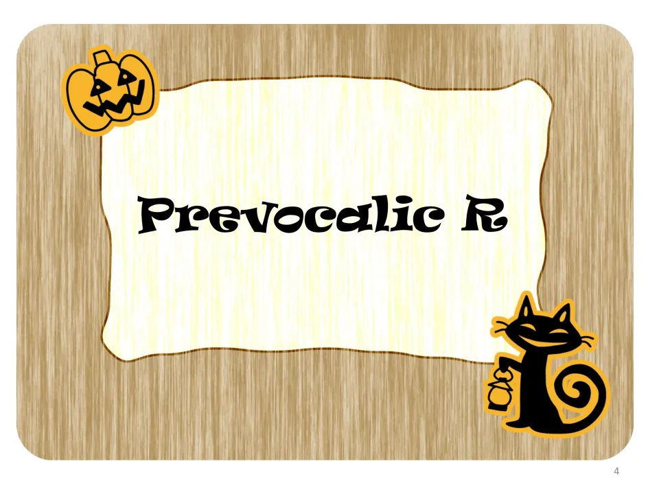 Prevocalic R section title page decorated with a jack-o'-lantern and a black cat holding a lantern