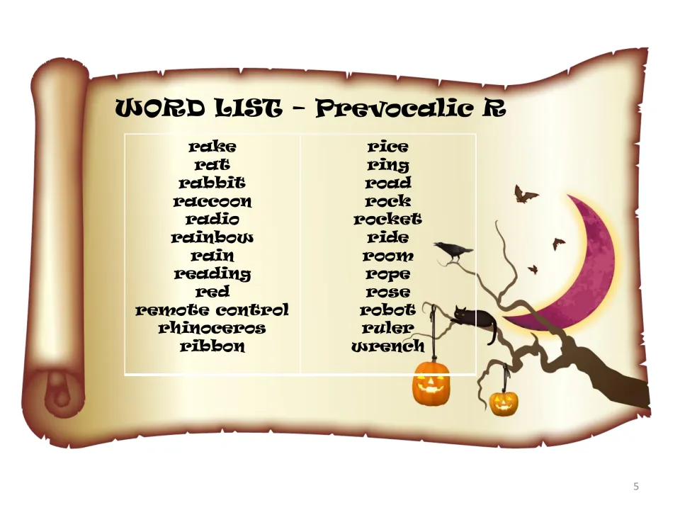 Prevocalic R word list: 24 words beginning with the R sound, such as rake, rabbit, rainbow, rocket, robot, ruler and wrench