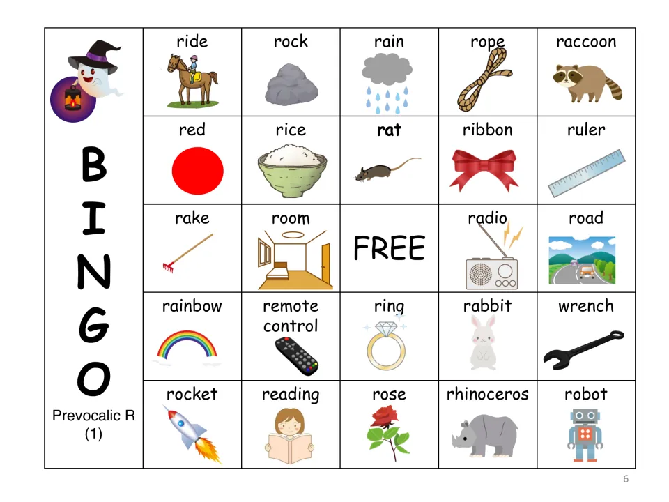 Prevocalic R BINGO card 1: 24 labeled pictures such as ride, rock, rain, rope and raccoon around a FREE center square