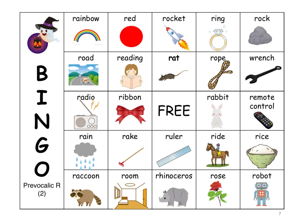 Prevocalic R BINGO card 2: labeled R-word pictures starting rainbow, red, rocket, ring and rock, with a FREE middle space