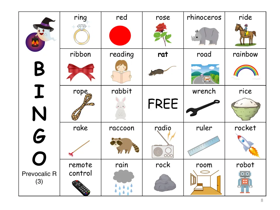 Prevocalic R BINGO card 3: the same pictured R words reordered, top row ring, red, rose, rhinoceros and ride; FREE center