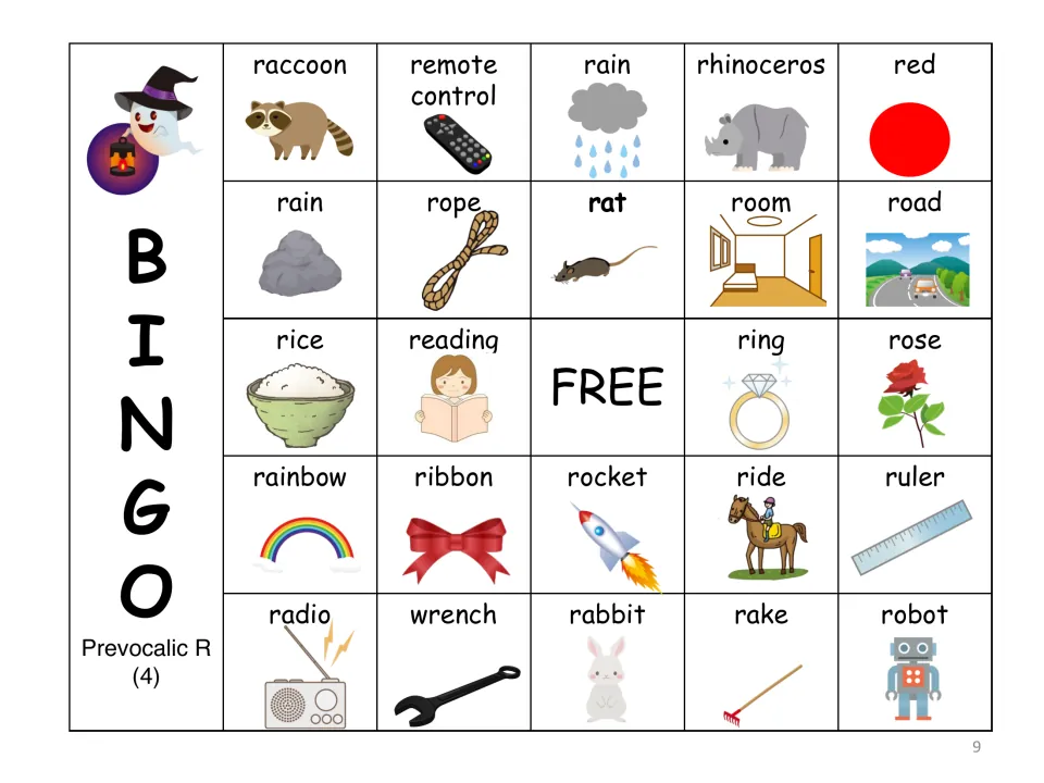 Prevocalic R BINGO card 4: pictured R words beginning raccoon, remote control, rain, rhinoceros and red; FREE center space