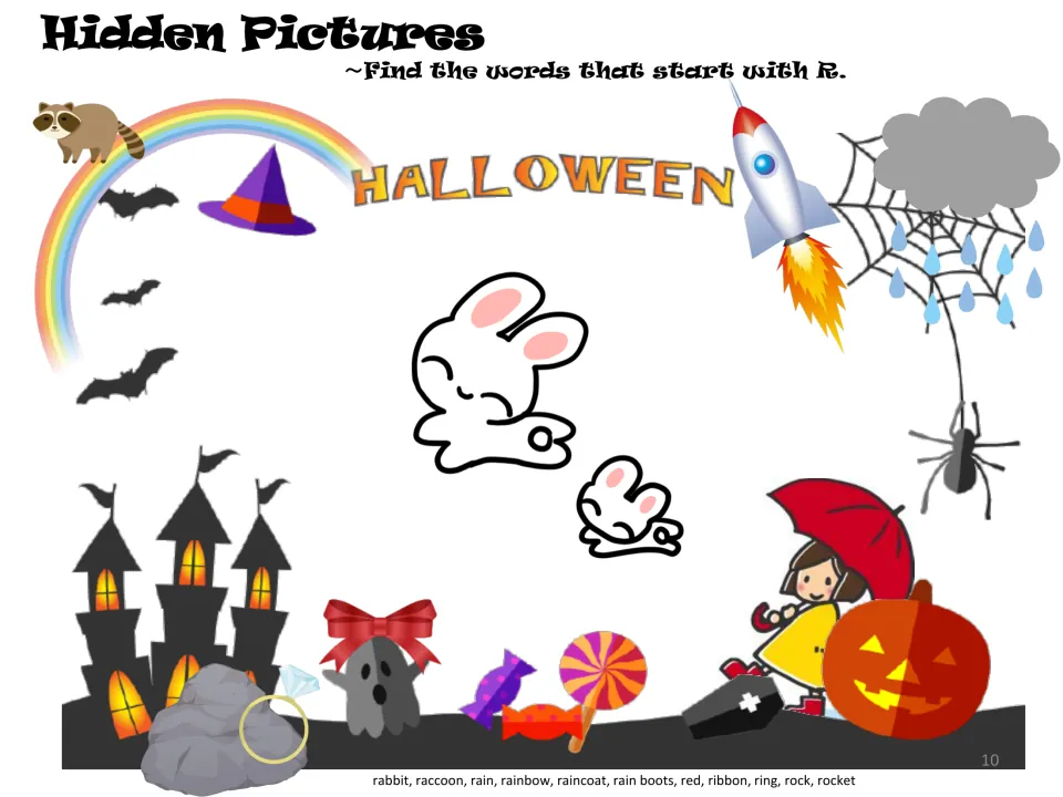 Halloween hidden pictures: students find things that start with R, like rabbit, raccoon, rainbow, rocket, ribbon and ring
