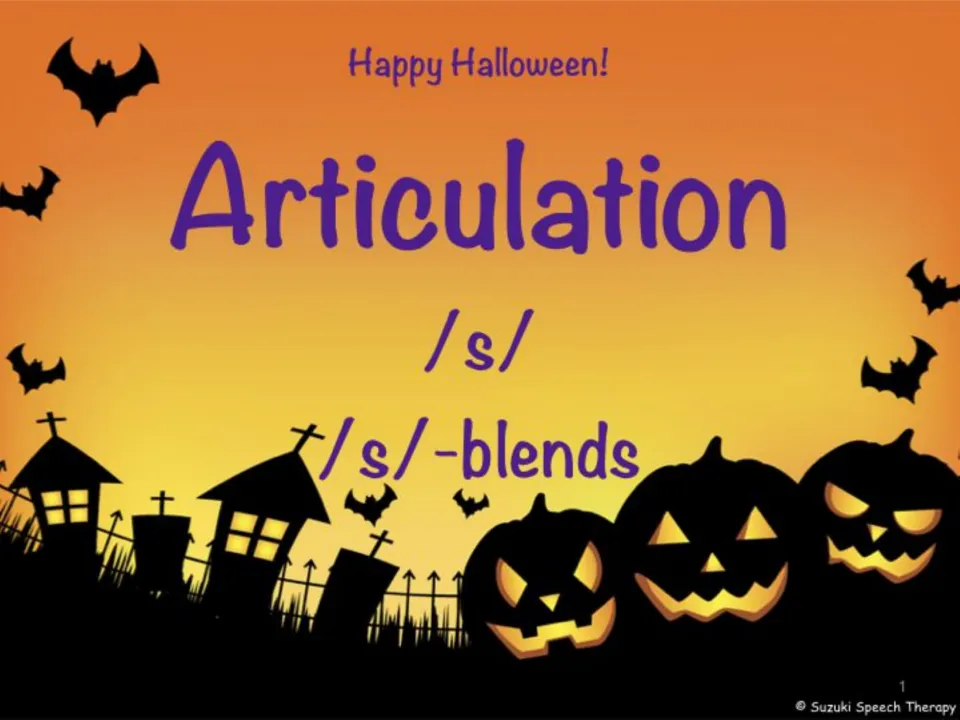 Halloween articulation cover for /s/ and /s/-blends, with bats, pumpkins and a haunted village silhouette