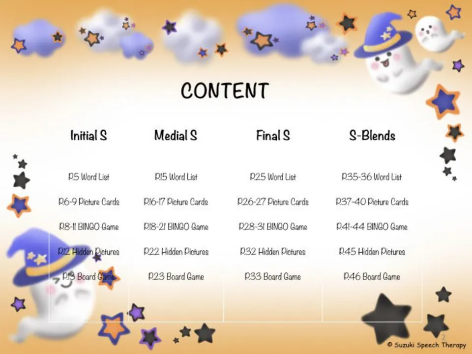 Contents: word lists, picture cards, BINGO, hidden pictures and board games by initial, medial, final S and S-blends