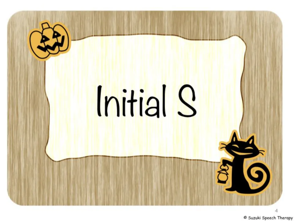 Initial S section divider marking the start of word-initial /s/ practice, decorated with a pumpkin and black cat