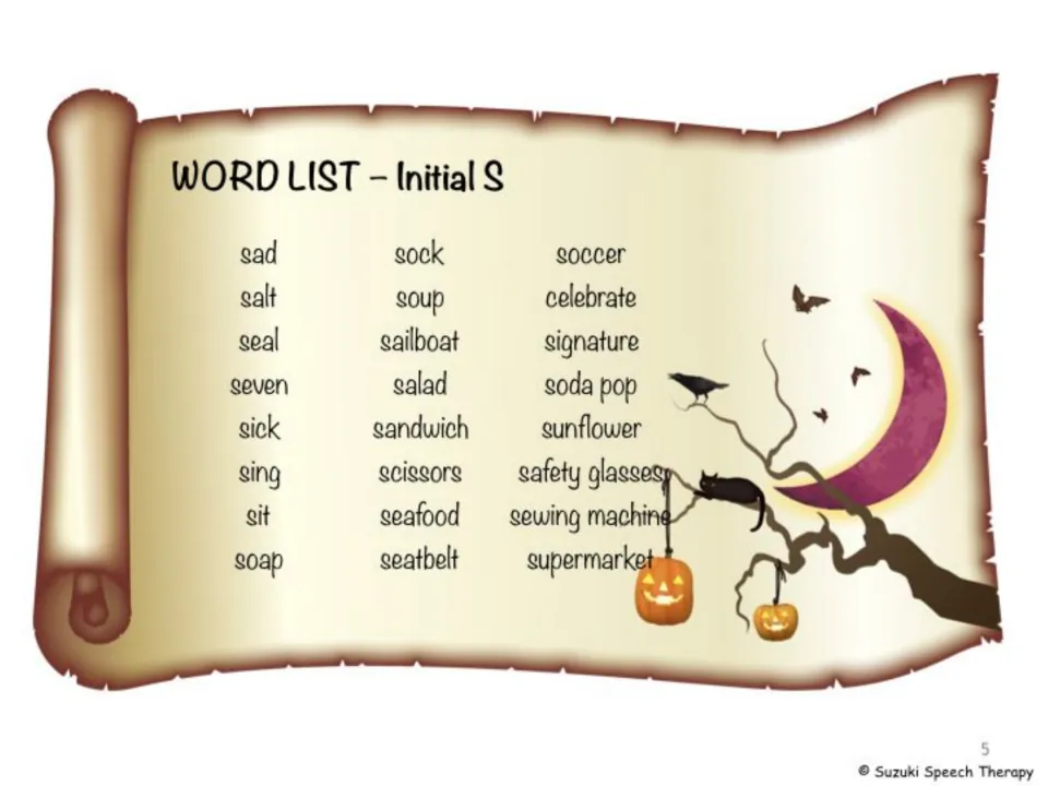 Initial S word list: 24 practice words such as sad, seal, sandwich, scissors, soda pop and supermarket for /s/ drills