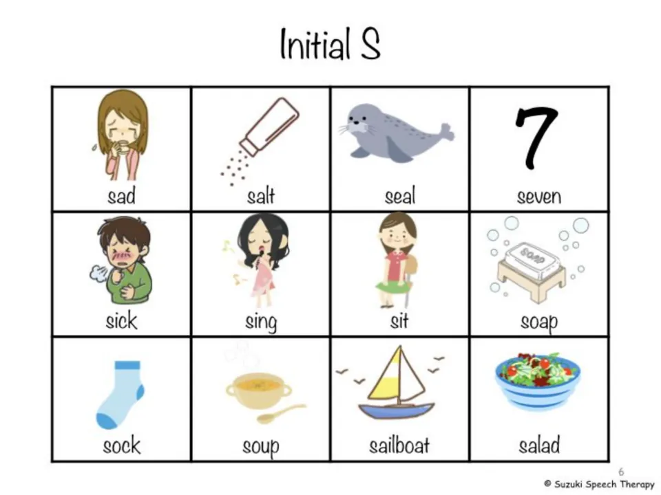 Initial S picture cards 1: sad, salt, seal, seven, sick, sing, sit, soap, sock, soup, sailboat and salad with labels