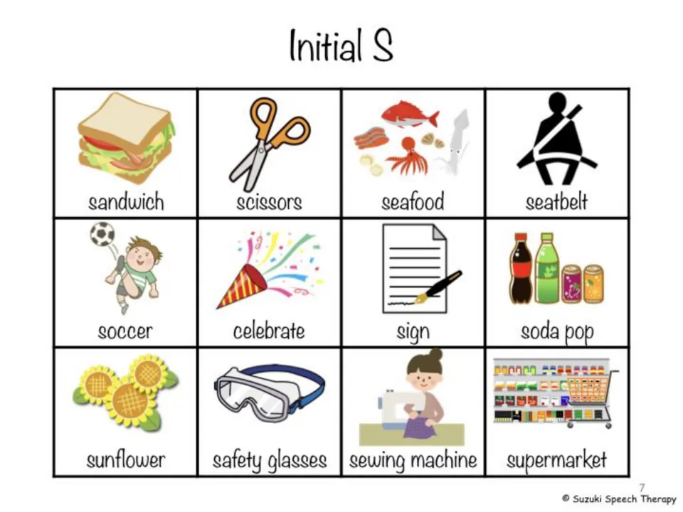 Initial S picture cards 2: sandwich, scissors, seafood, seatbelt, soccer, celebrate, sign, sunflower, supermarket and more