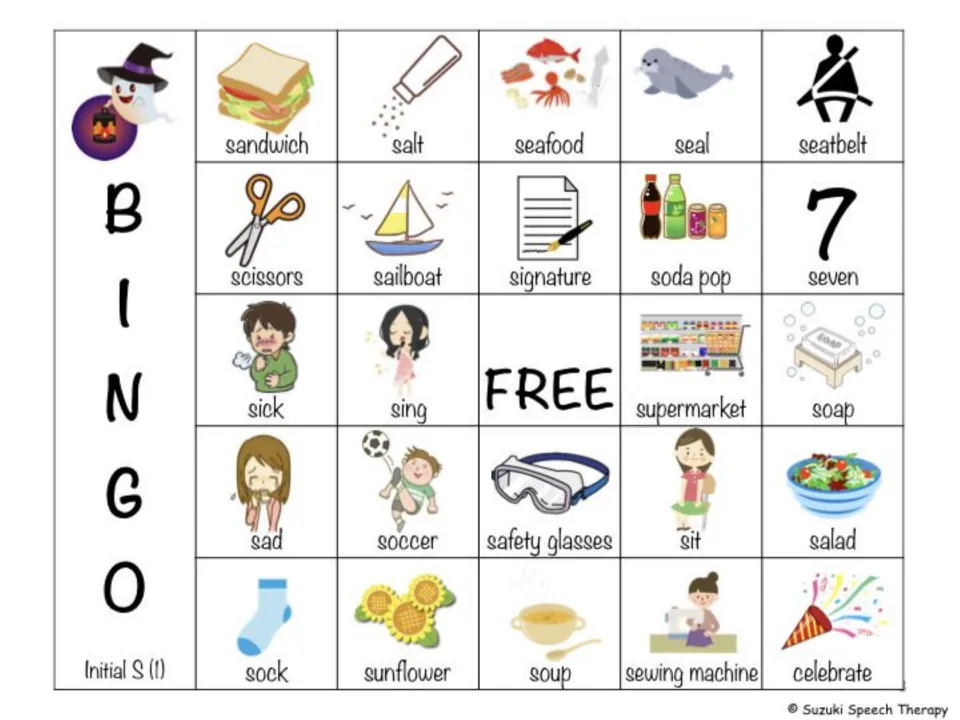 Initial S BINGO board 1: 24 labeled /s/ pictures like sandwich, seal and soup around a FREE center square
