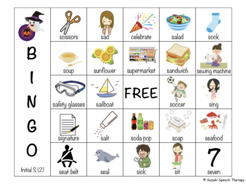 Initial S BINGO board 2: same /s/ words rearranged, starting scissors, sad, celebrate, with a FREE center space