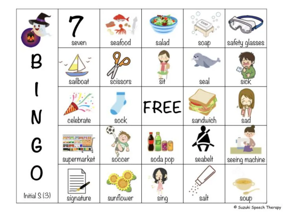 Initial S BINGO board 3: another mix of /s/ word pictures, starting seven, seafood, salad, soap and safety glasses