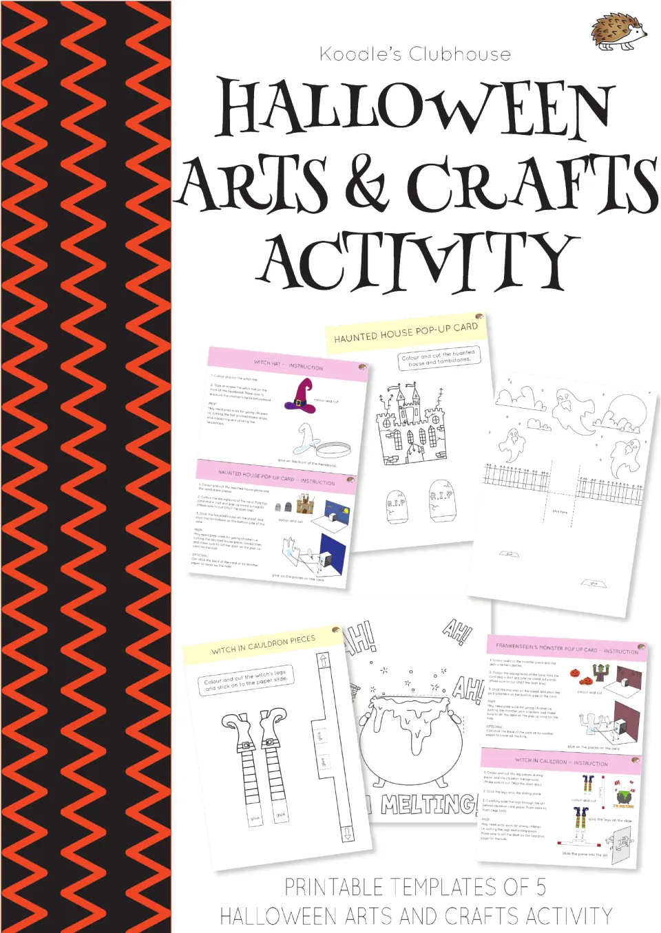 Halloween Arts and Crafts Activity cover: printable templates of 5 crafts, showing pop-up cards, a witch hat and a cauldron