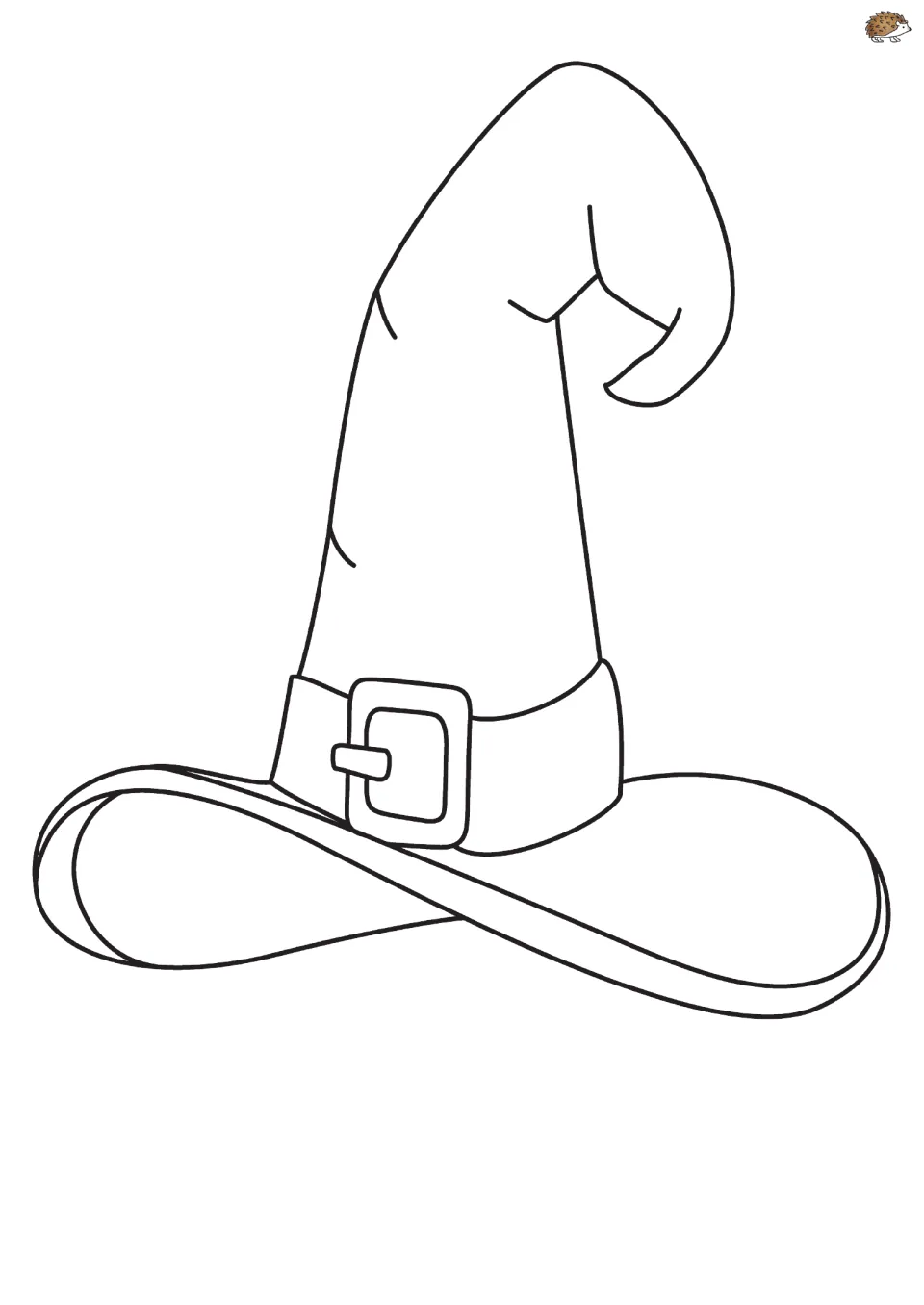Witch hat outline with a pointed bent tip, wide brim and buckled band for students to colour and cut out