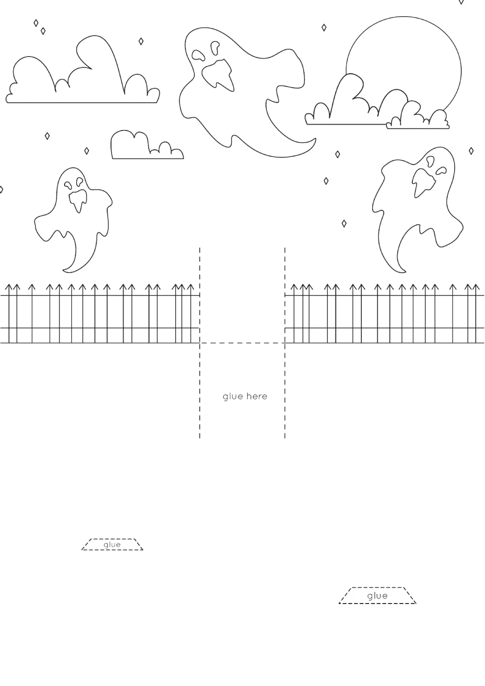 Pop-up card base with ghosts, clouds, a full moon and an iron fence to colour, fold on dashed lines and glue pieces onto
