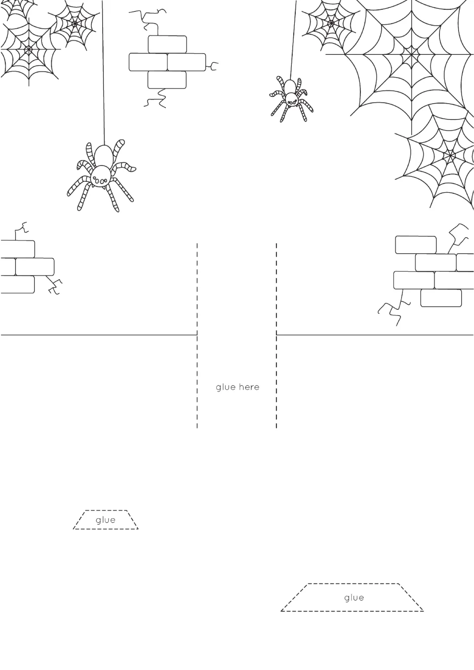 Pop-up card base with spiders, cobwebs and cracked brick walls to colour, fold on dashed lines and glue pop-up pieces on