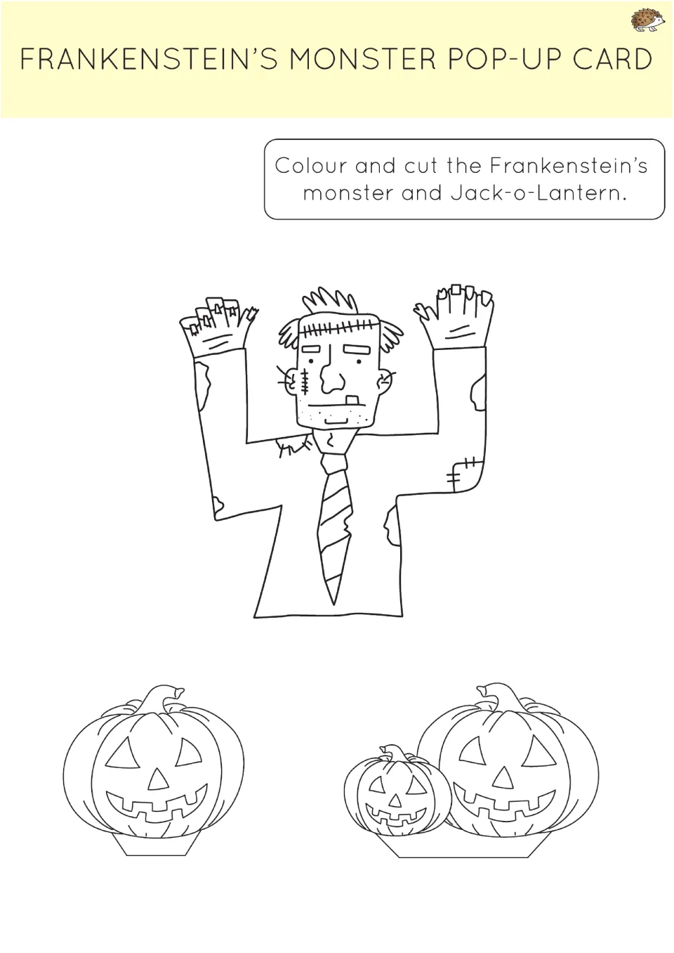 Frankenstein's monster pop-up card: students colour and cut out the monster with raised arms and jack-o'-lantern pieces