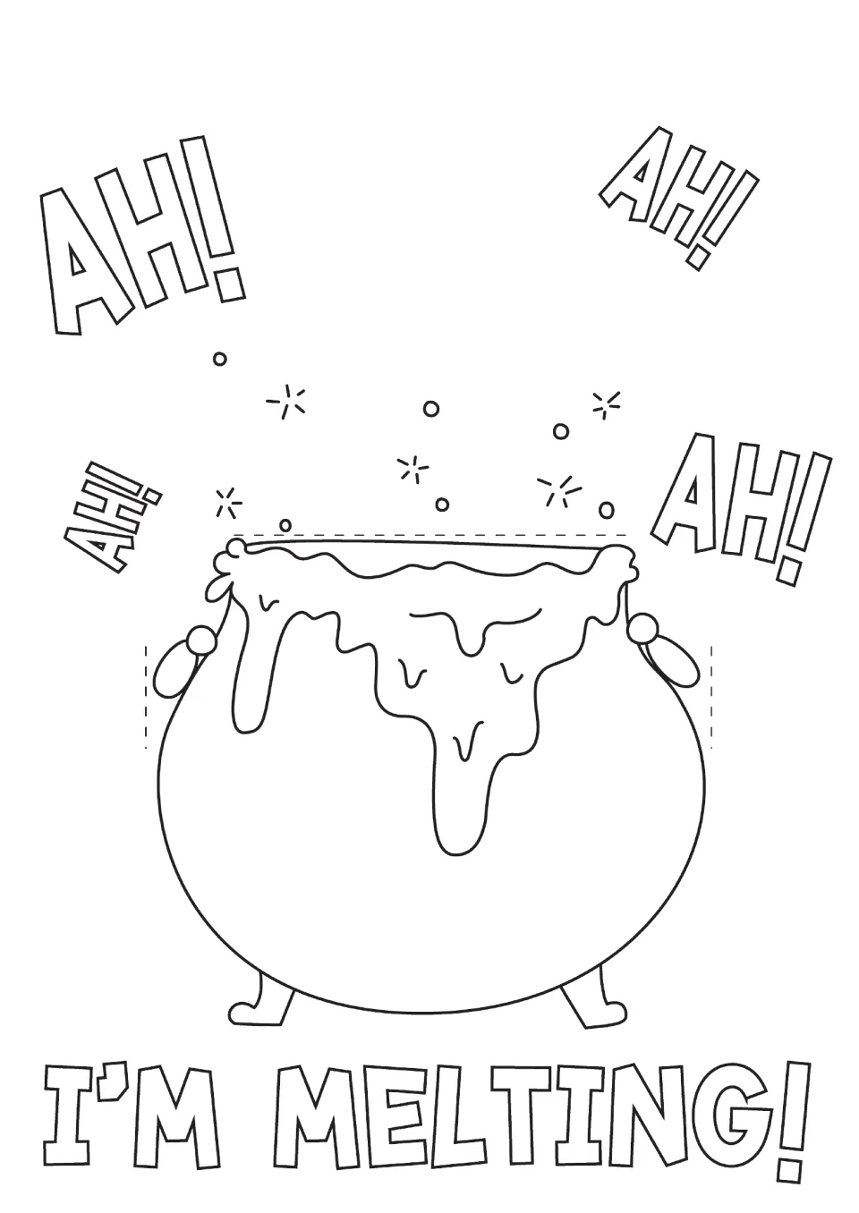 Witch in cauldron poster: a bubbling cauldron with 'AH!' shouts and 'I'm Melting!' to colour, with dashed slots to cut