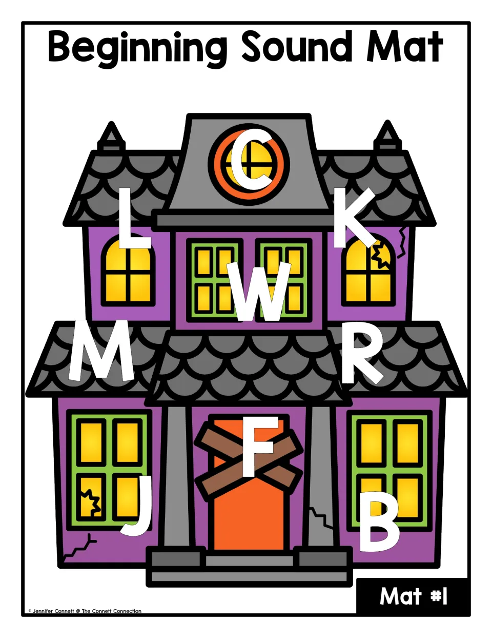 Beginning-sound letter mat #1: uppercase C, L, K, W, M, R, F, J and B for matching ghost picture cards