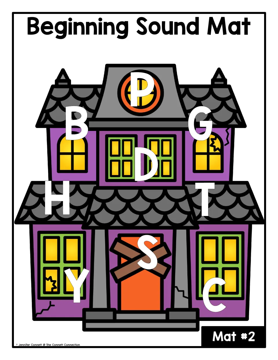 Beginning-sound letter mat #2: uppercase P, B, G, D, H, T, S, Y and C for matching ghost picture cards