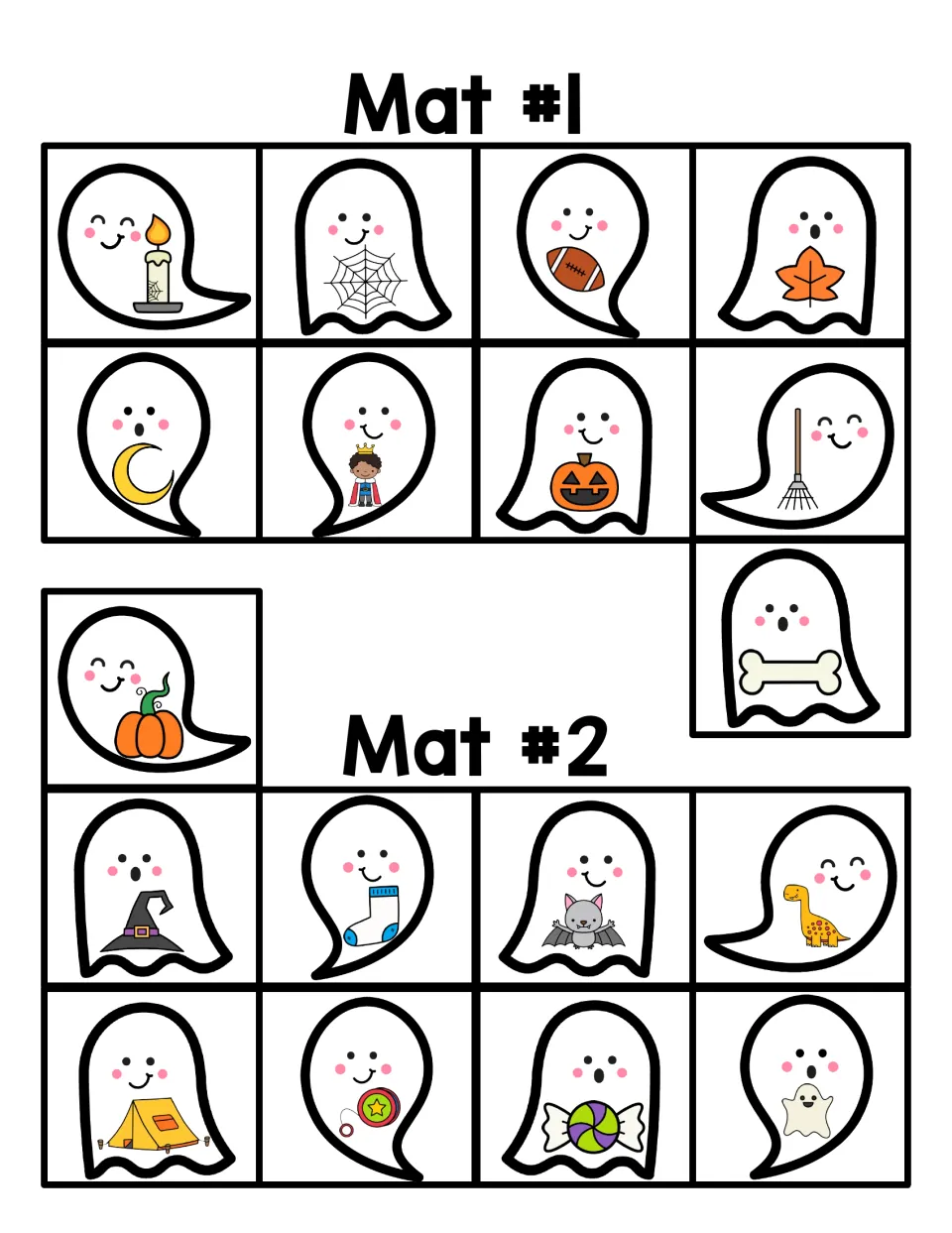 Ghost picture cards for letter mats #1 and #2: nine per mat, including candle, web, football and leaf