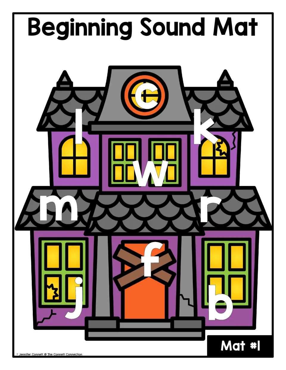 Beginning-sound letter mat #1: lowercase c, l, k, w, m, r, f, j and b for matching ghost picture cards