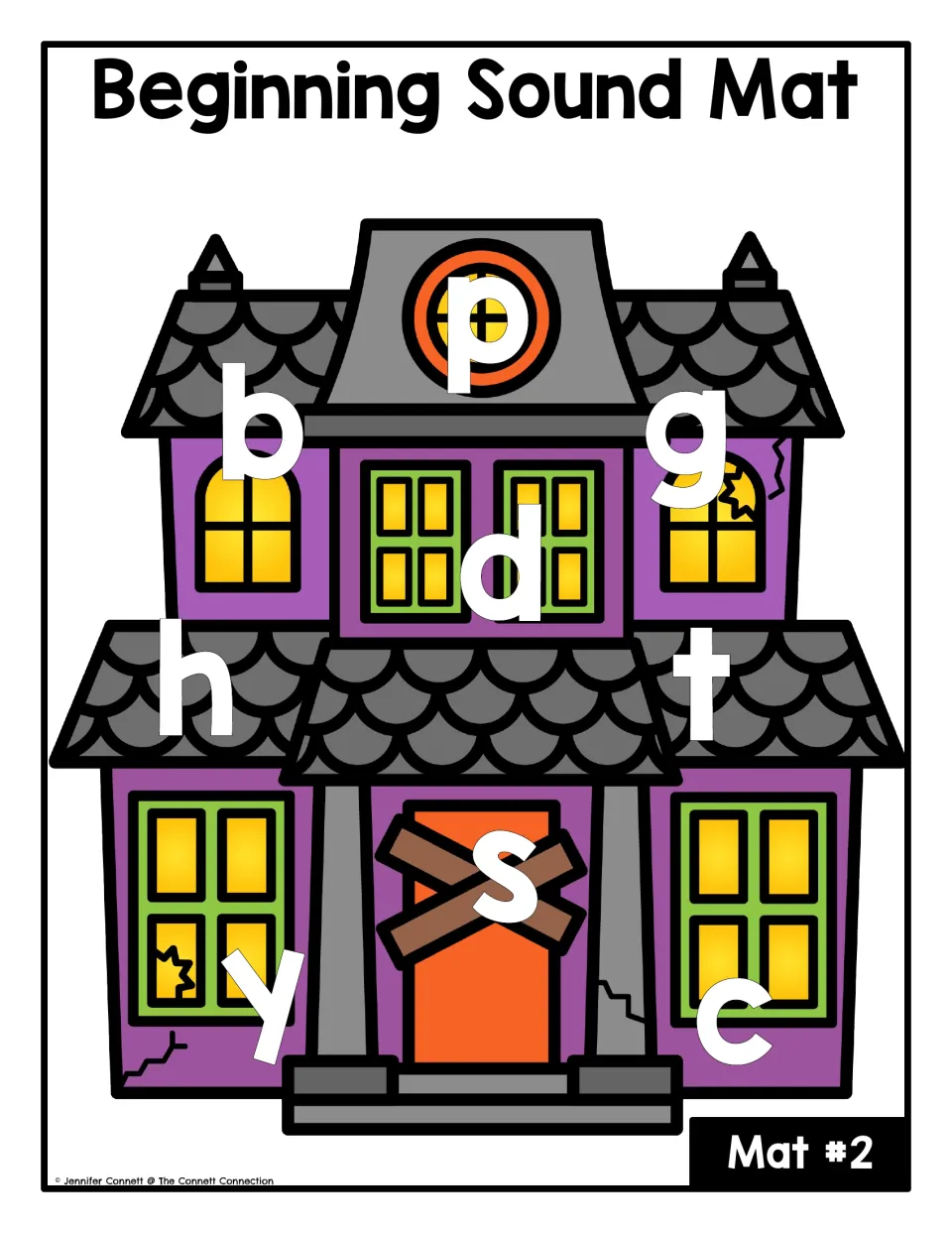 Beginning-sound letter mat #2: lowercase p, b, g, d, h, t, s, y and c for matching ghost picture cards