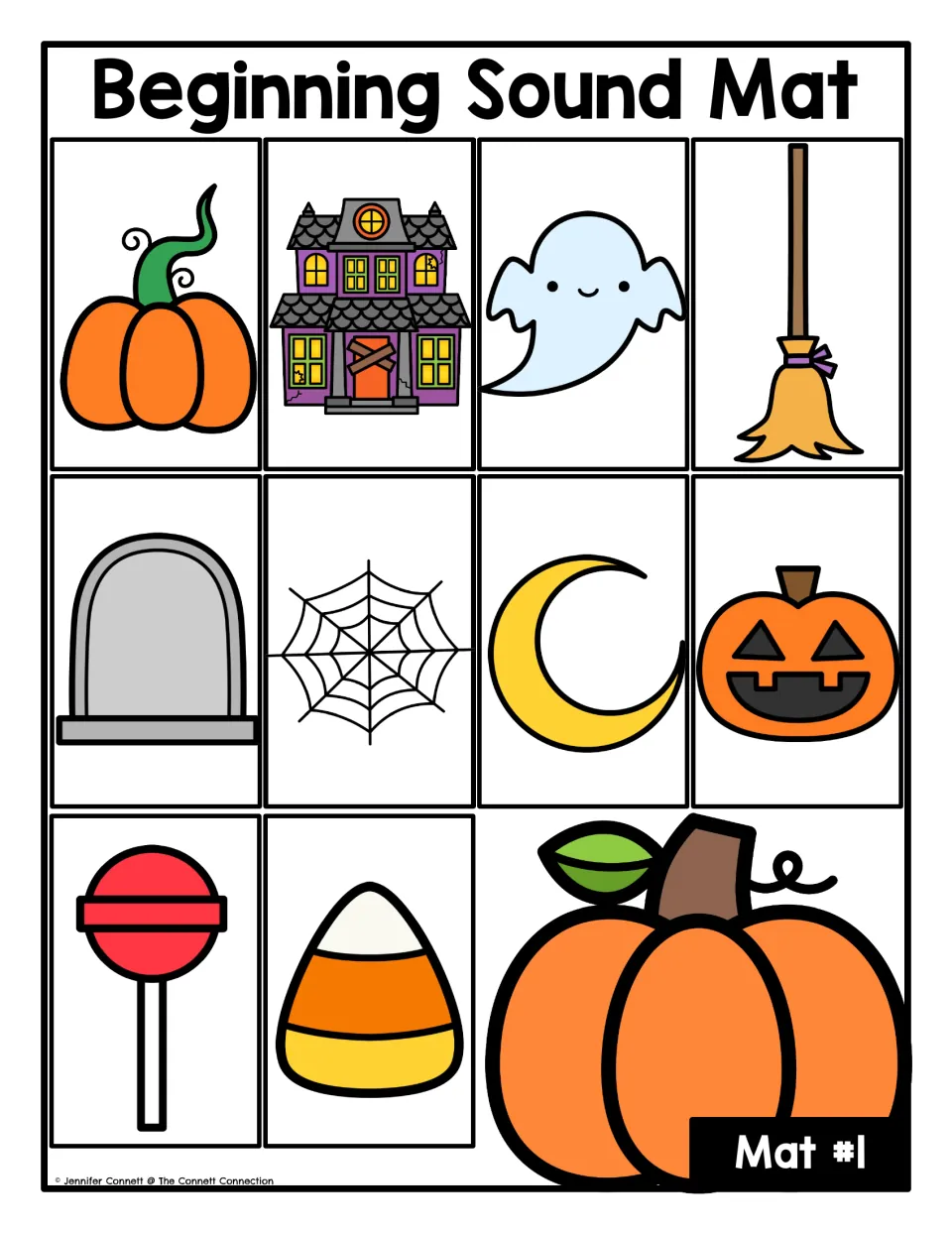 Beginning-sound picture mat #1 for matching letter cards: pumpkin, haunted house, ghost and seven more