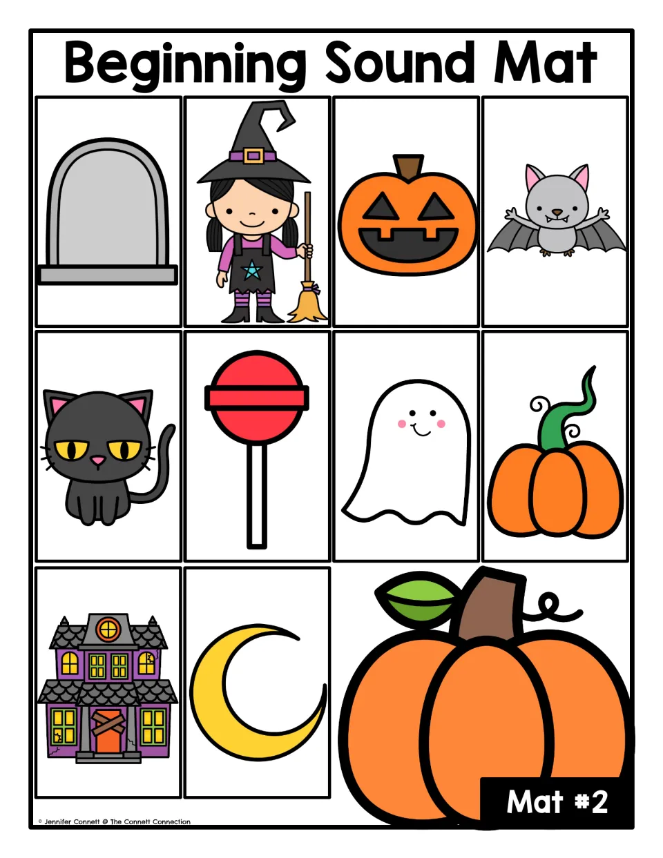 Beginning-sound picture mat #2 for matching letter cards: tombstone, witch, jack-o-lantern and seven more