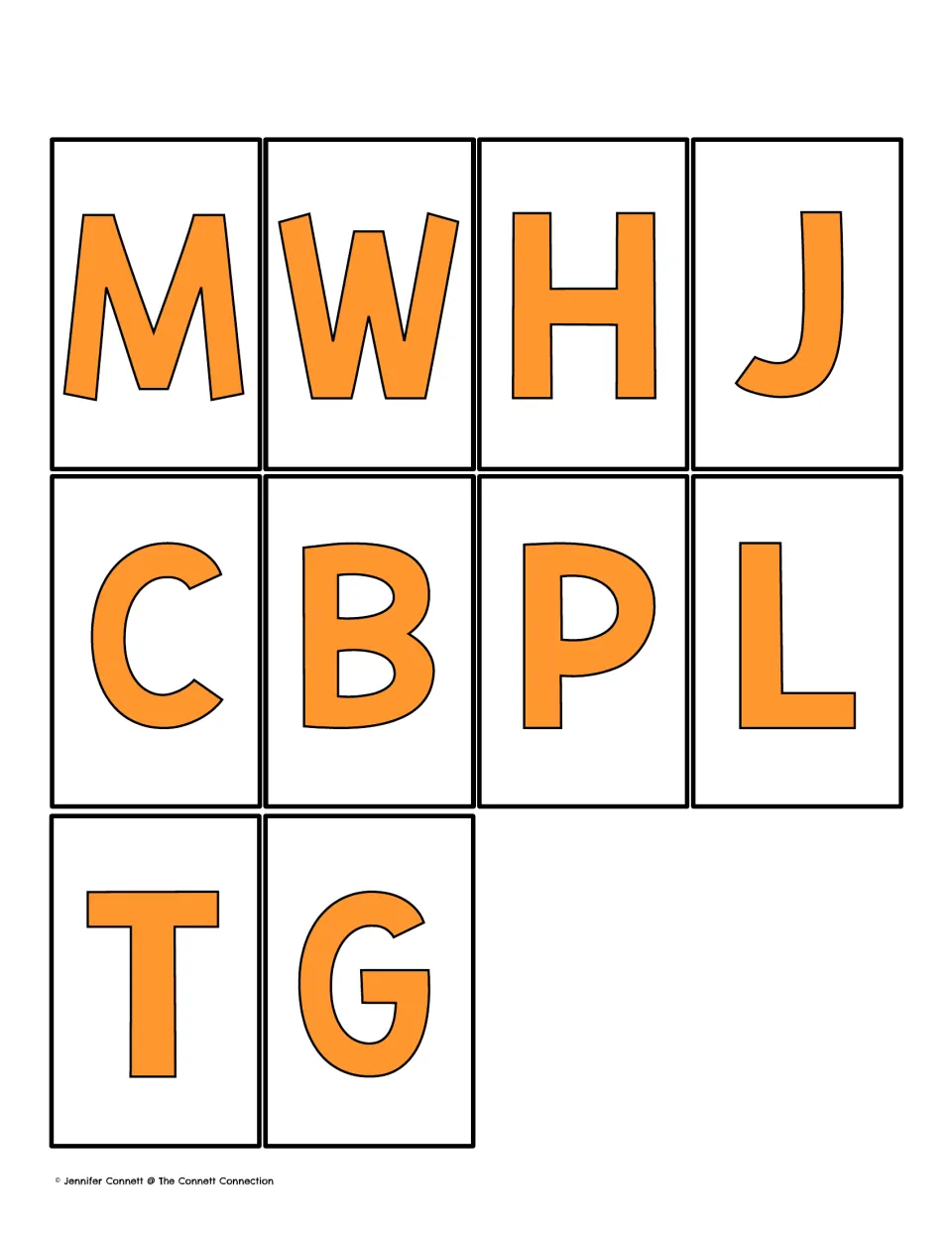 Ten uppercase letter cards for matching beginning sounds on picture mats: M, W, H, J, C, B, P, L, T and G