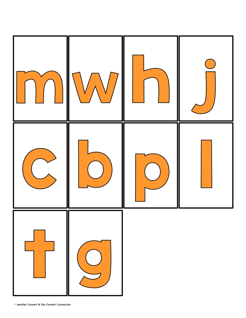 Ten lowercase letter cards for matching beginning sounds on picture mats: m, w, h, j, c, b, p, l, t and g