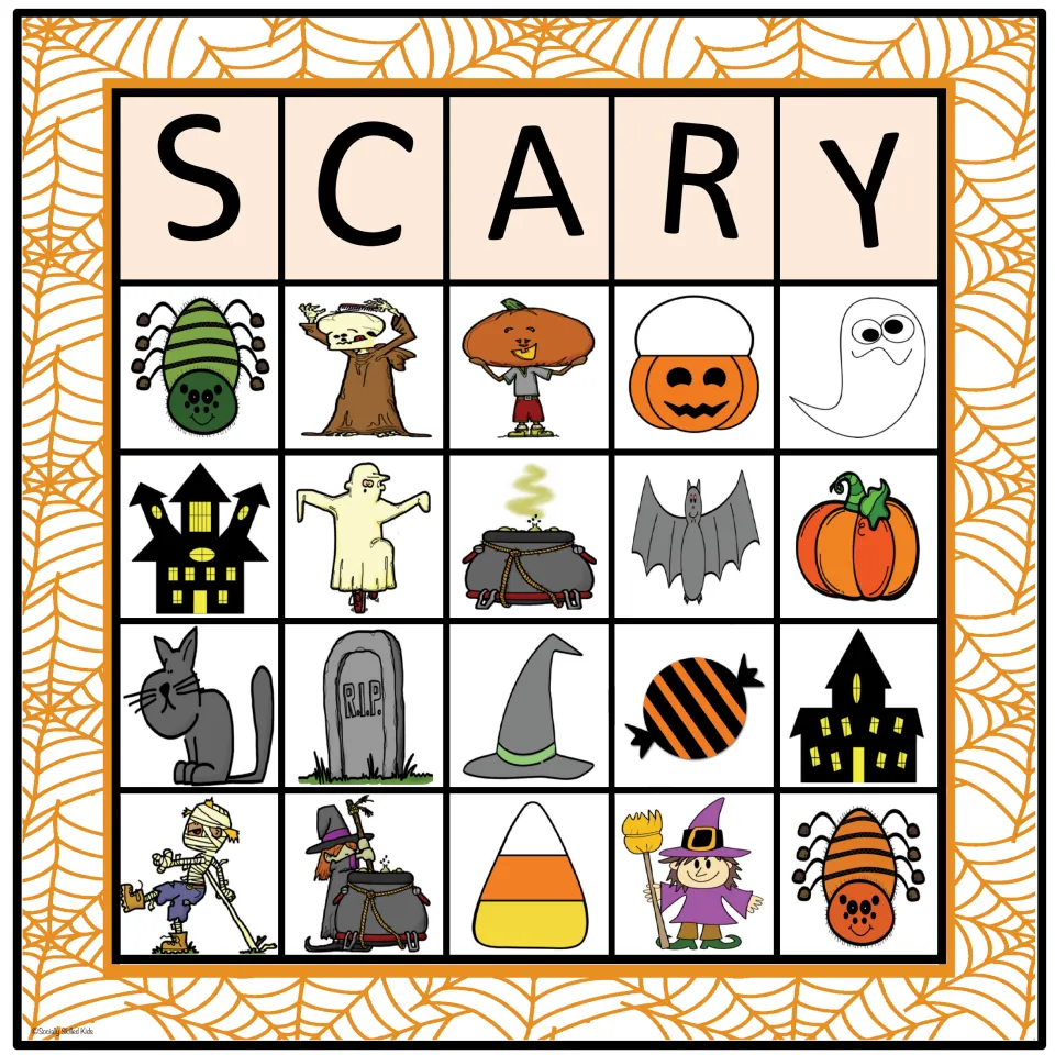 SCARY board 1 in color: students match call cards to 20 Halloween pictures, starting with a green spider and tree monster