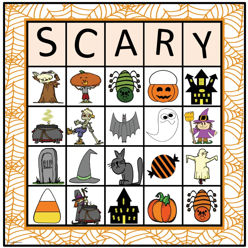 SCARY board 2 in color: Halloween picture matching with a top row of tree monster, pumpkin boy, spider, pail, haunted house