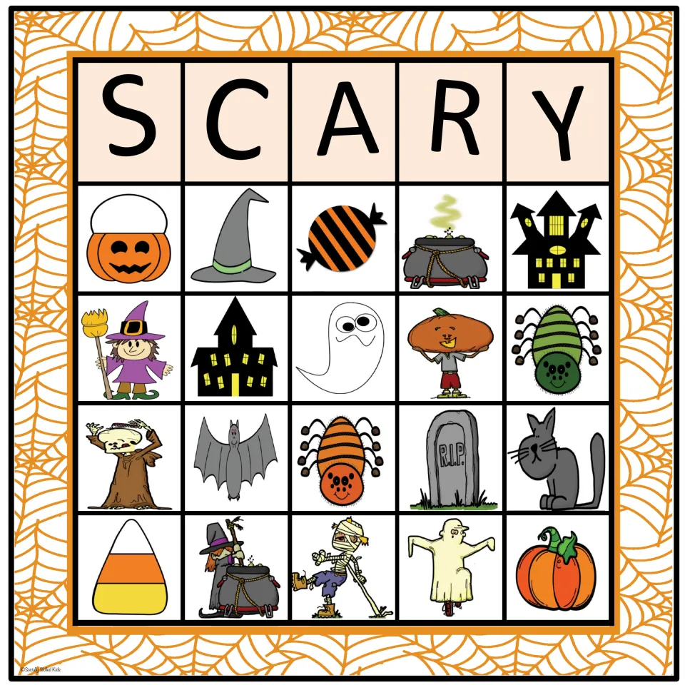 SCARY board 3 in color: Halloween pictures to mark, top row jack-o'-lantern pail, witch hat, striped candy, cauldron, house