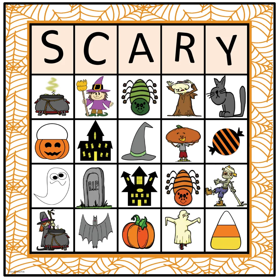 SCARY board 4 in color: picture bingo with a top row of bubbling cauldron, witch with broom, green spider, tree monster, cat