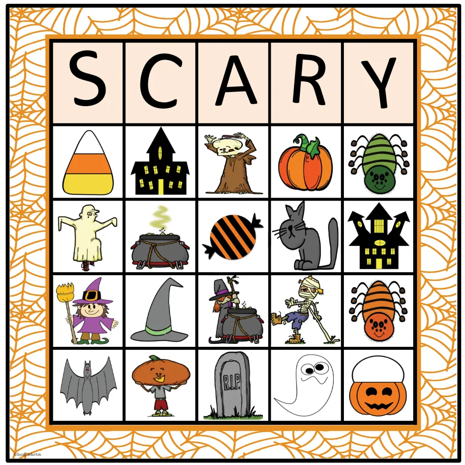 SCARY board 5 in color: Halloween clip art to match, top row candy corn, haunted house, tree monster, pumpkin, green spider