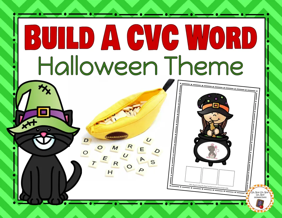 Halloween Build a CVC Word cover: a witch card with a mouse picture, three letter squares and Bananagrams tiles
