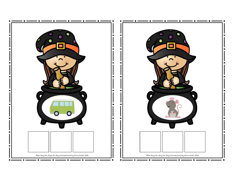 CVC word cards with a witch stirring a cauldron: van and rat pictures, each above three squares for letter tiles