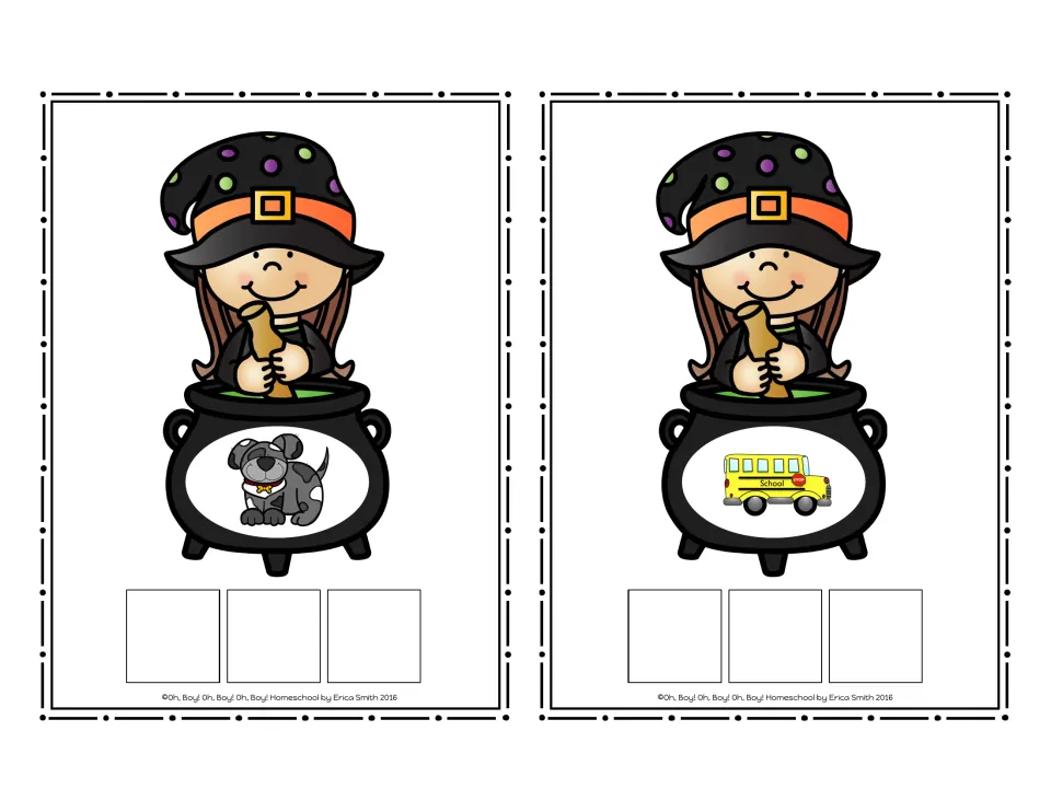 Picture-only CVC cards for dog and bus, each in a witch's cauldron for students to spell with letter tiles