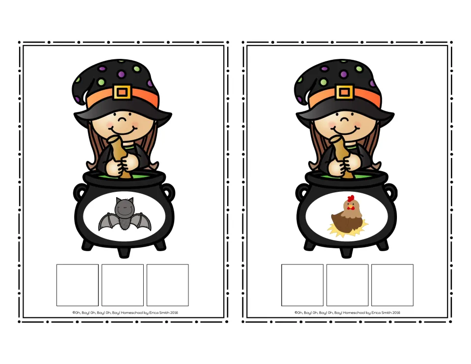 Witch cauldron CVC cards for bat and hen; students place three letter tiles to spell each picture word