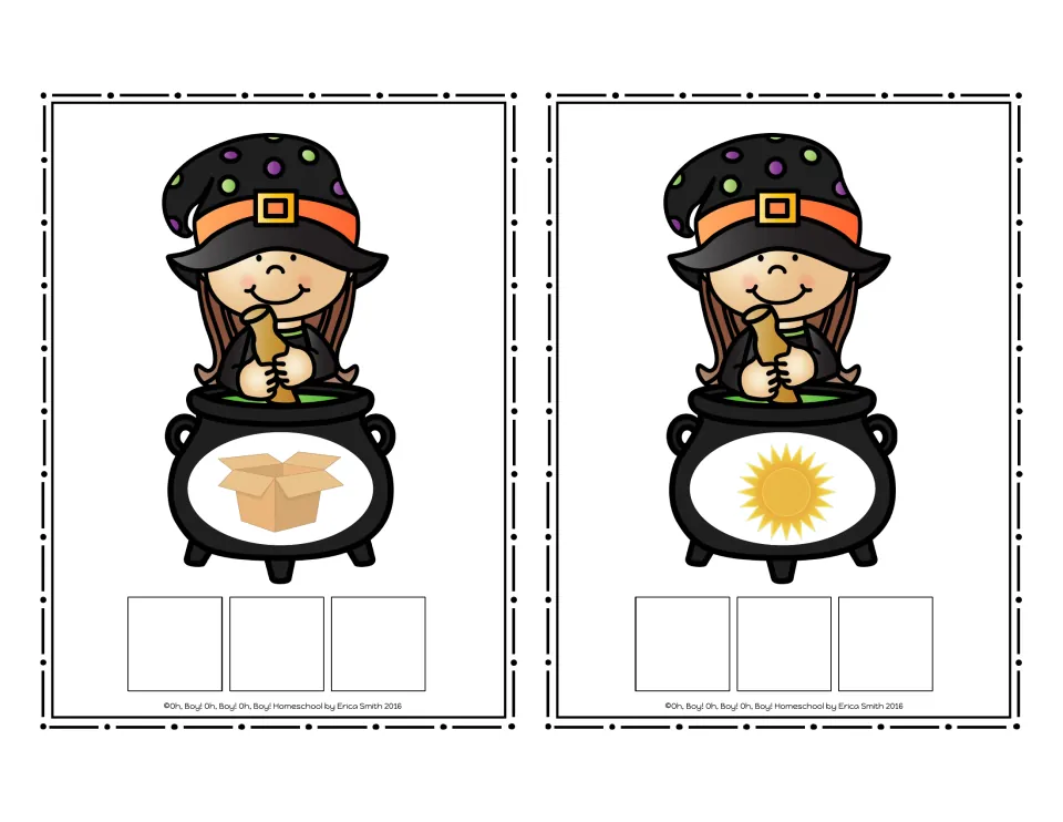 CVC picture cards for box and sun, to be spelled by placing Bananagram or Scrabble tiles on the squares