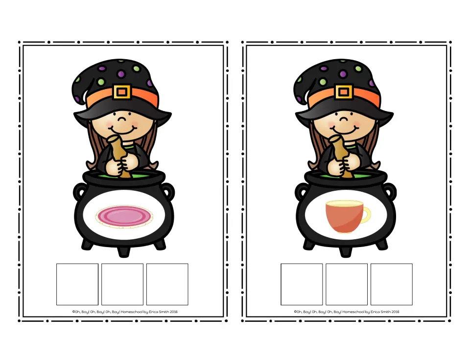 CVC picture cards showing a pink plate and a cup, part of the Halloween witch card set for spelling with tiles
