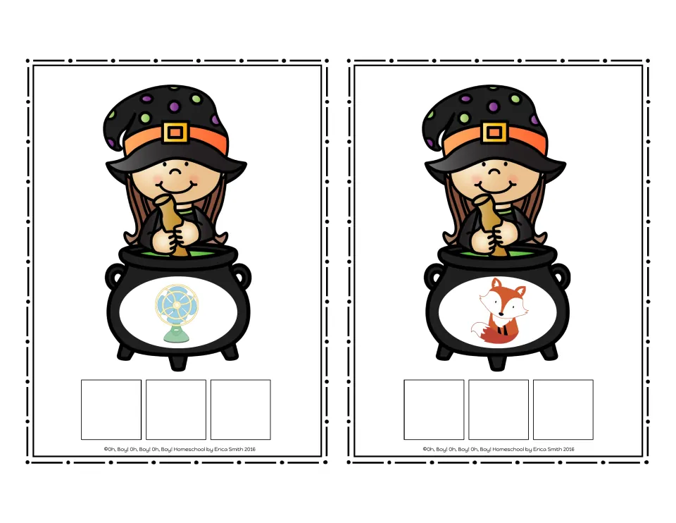CVC cards for fan and fox, each with a witch over a cauldron and spaces to build the word with letter tiles