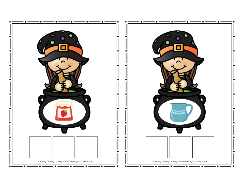CVC picture cards for jam and jug, the last cards shown, each ready for three letter tiles to spell the word