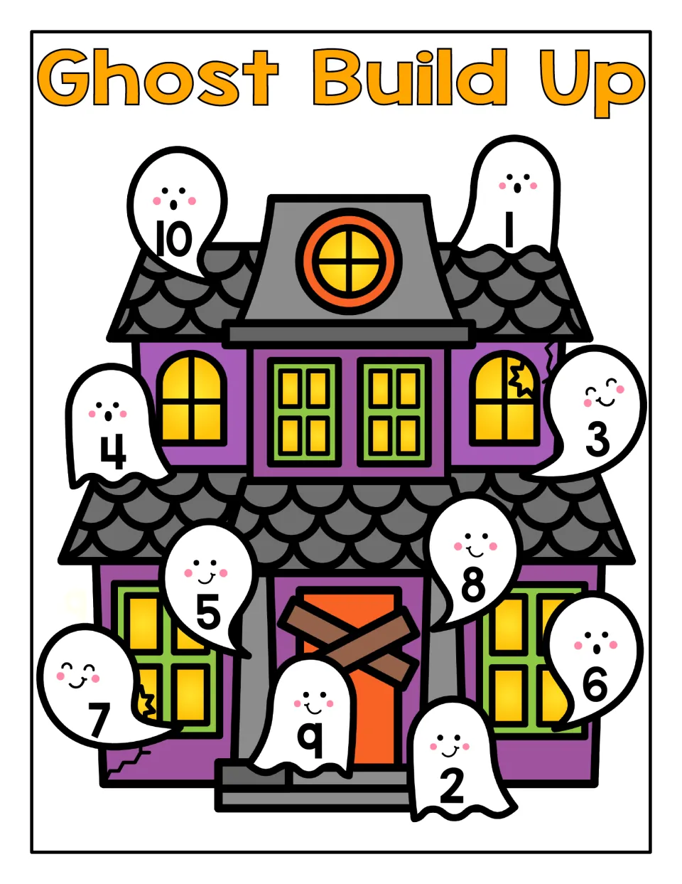 Ghost Build Up counting mat: ten ghosts numbered 1–10 around a haunted house for building block towers
