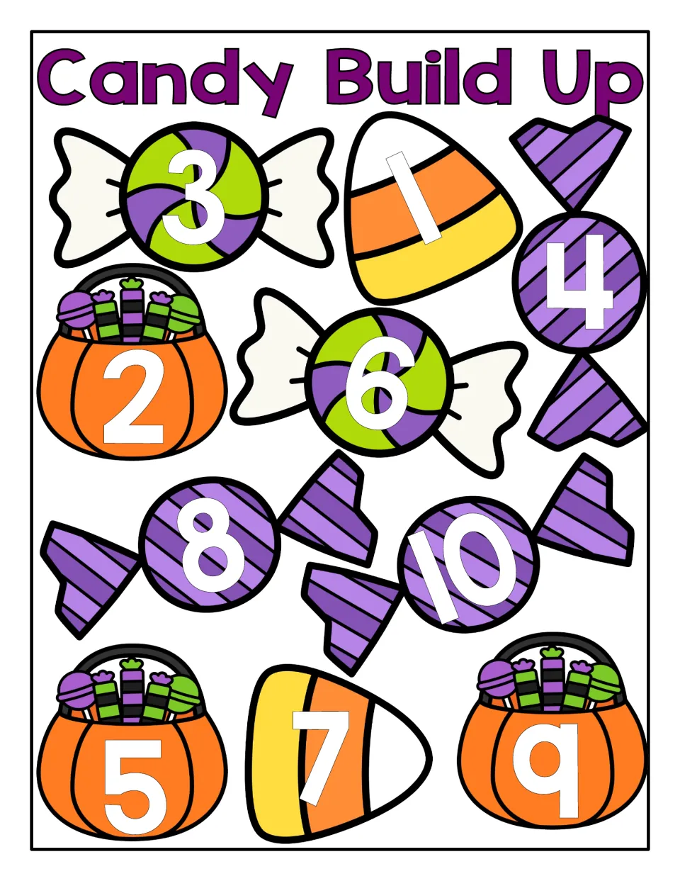 Candy Build Up counting mat: candy corn, wrapped candies, and pumpkin buckets numbered 1–10 for towers