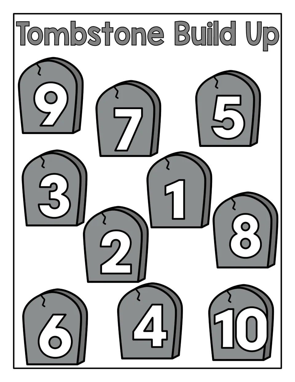 Tombstone Build Up counting mat: ten gray tombstones numbered 1–10 for stacking matching block towers